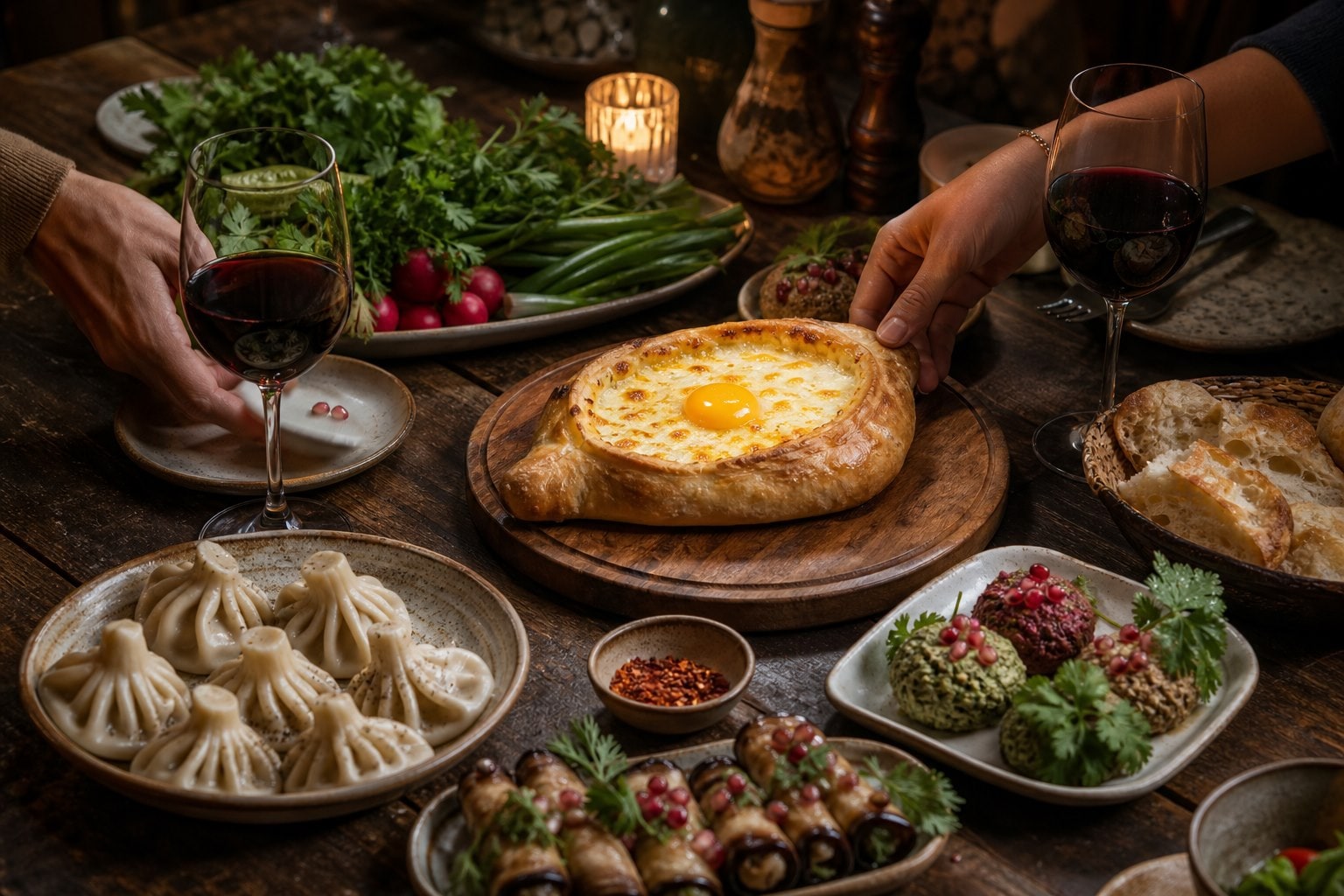 Georgische Tafel mit Chatschapuri, Chinkali und Wein